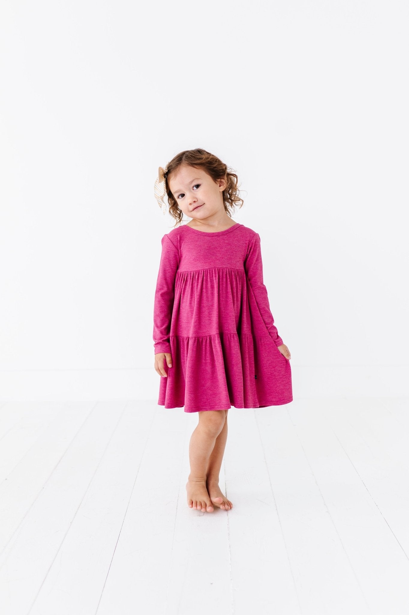 TIERED LONG SLEEVE TWIRLIE DRESS - RASPBERRY - The Sleepy Sloth