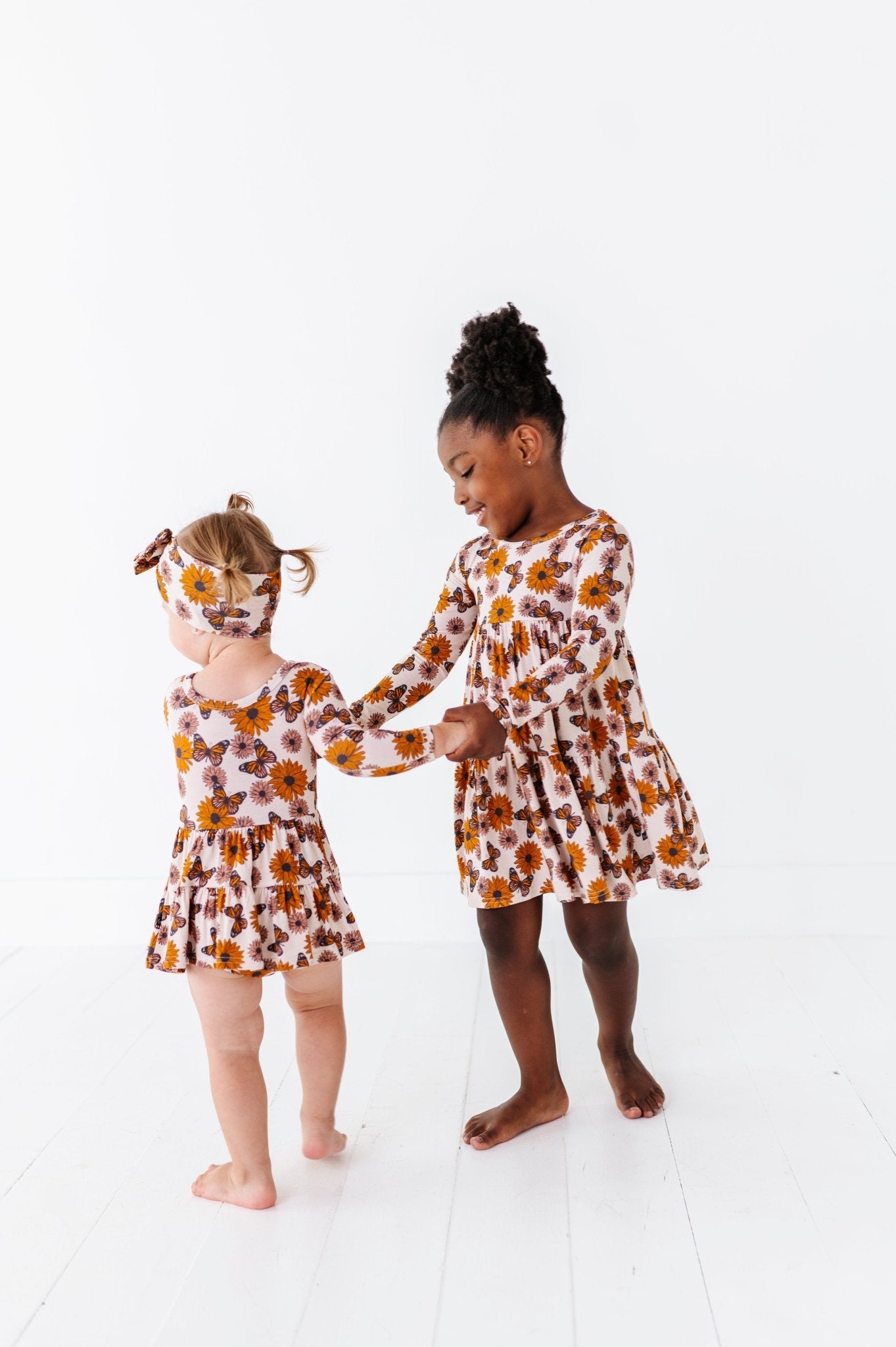 TIERED LONG SLEEVE TWIRLIE DRESS - SUNFLOWER HARVEST - The Sleepy Sloth